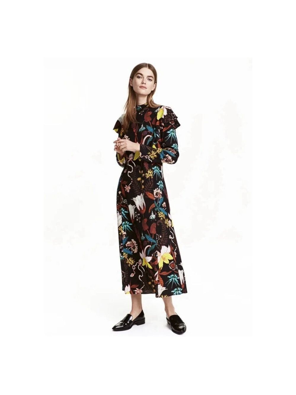 H&M Floral Ruffled Maxi Dress Sz 2 Dark Feminine Boho Autumn Bloggers Favorite